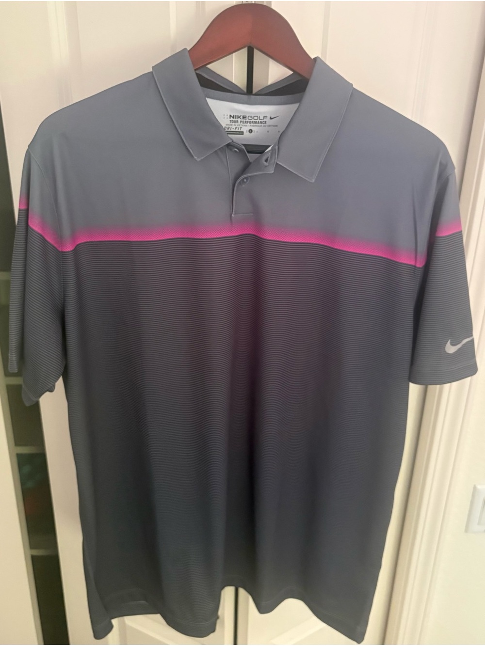 Nike Men's Gray Polo with Pink Stripe Accent